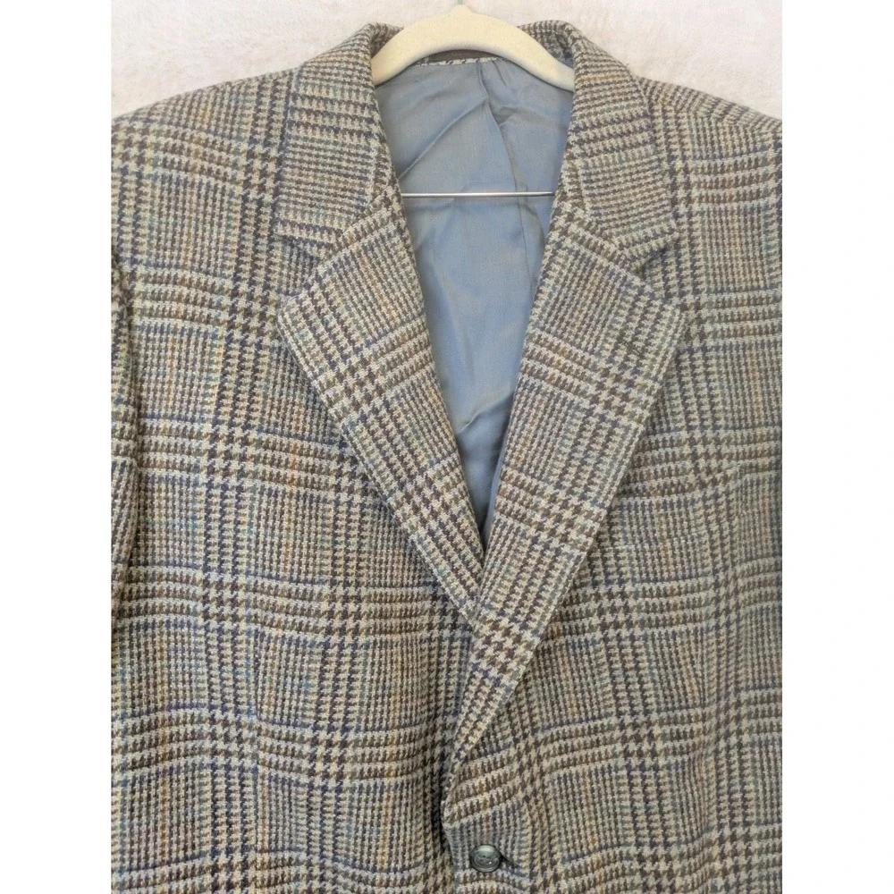 English Manor Blazer Men's 41R Brown Blue Plaid Wool Tweed Sport Coat Jacket